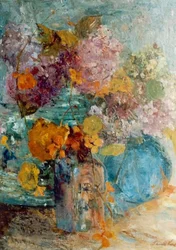 Hydrangea and Nasturtium in a Glass Vase